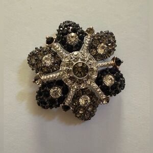 Vintage Art Deco Rhinestone Flower Burst Brooch 2.5" Black,Charcoal,Clear Stones